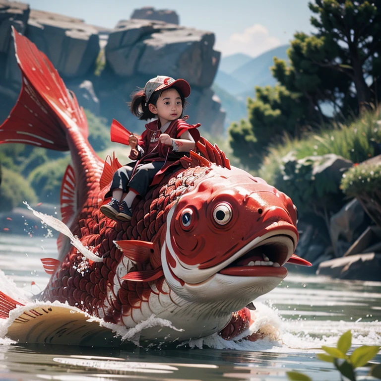 1girl,red fish,kid,chinese clothing,masterpiece,best quality,ultra-detailed,riding,