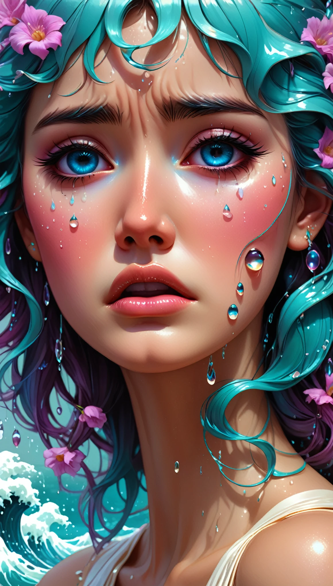 crying, Aesthetic, extremely detailed, crying eyes, Sweet, vaporwave Aesthetic, synthesized wave, Digital paint, art station, Conceptual art, seeds, sharp focus, illustration, Art by Artgerm and Greg Rutkowski and Alphonse Mucha