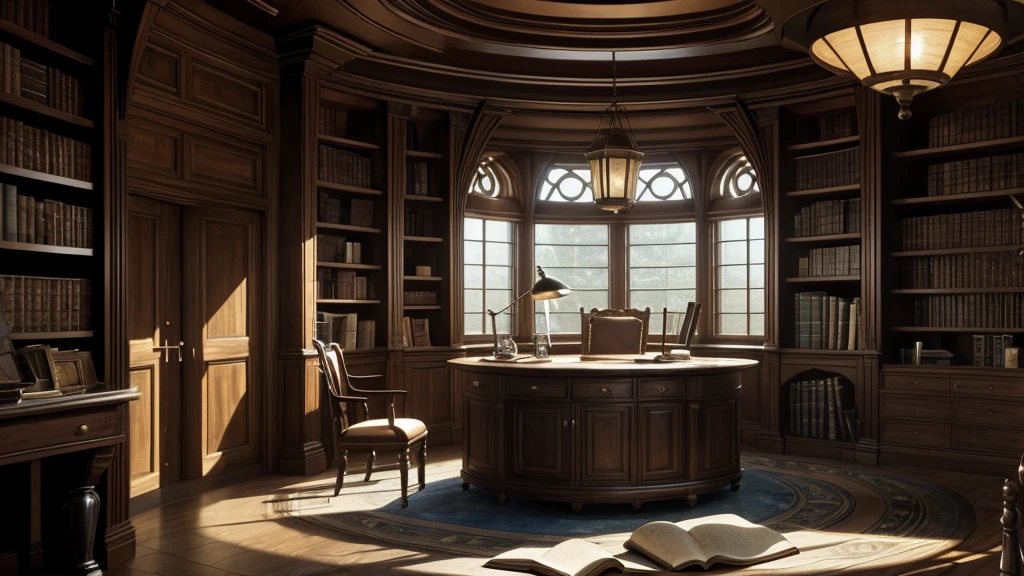 dim,Moody,Circular Room,round,A room without windows,Wood-based,Bookshelf on the wall,Classic wooden desk in the center,Wooden pointed back chair,Classic lantern with quill pen and parchment on a desk,Hogwarts,Harry Potter Cinematic Universe,Harry Potter Fan Art,Harry Potter inspired,High reproducibility,Dumbledore&#39;s Office