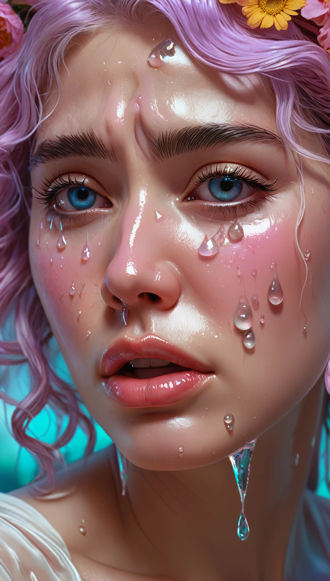 crying, Aesthetic, extremely detailed, crying eyes, Sweet, vaporwave Aesthetic, synthesized wave, Digital paint, art station, Conceptual art, seeds, sharp focus, illustration, Art by Artgerm and Greg Rutkowski and Alphonse Mucha