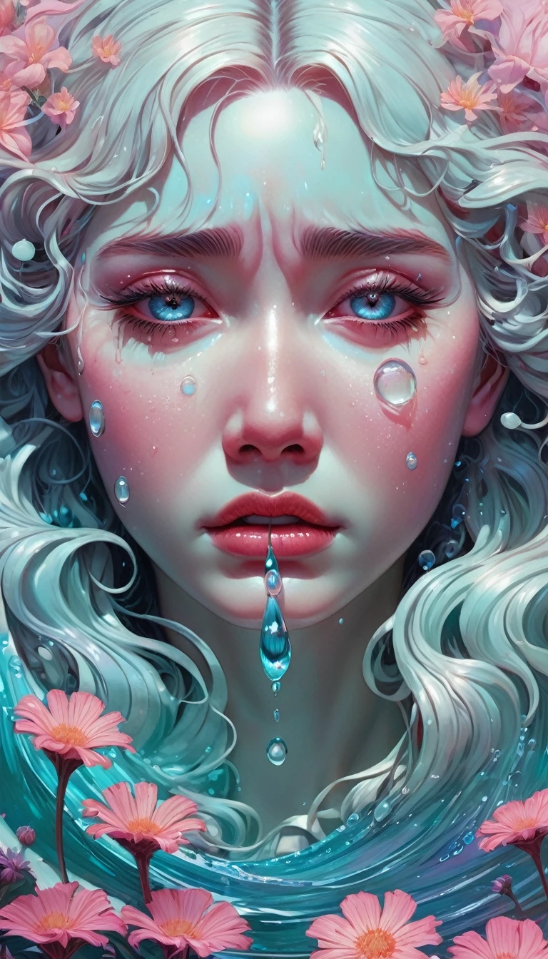 crying, Aesthetic, extremely detailed, crying eyes, Sweet, vaporwave Aesthetic, synthesized wave, Digital paint, art station, Conceptual art, seeds, sharp focus, illustration, Art by Artgerm and Greg Rutkowski and Alphonse Mucha