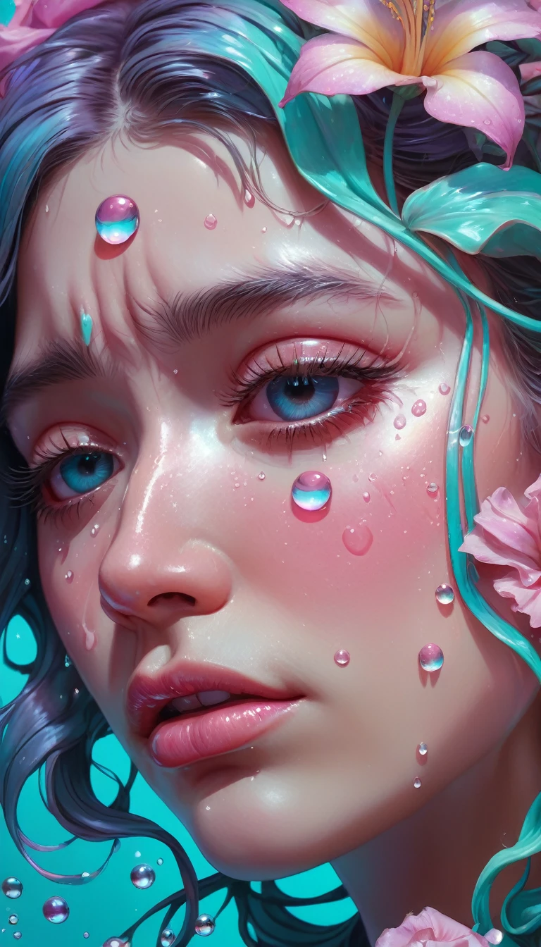 crying, Aesthetic, extremely detailed, crying eyes, Sweet, vaporwave Aesthetic, synthesized wave, Digital paint, art station, Conceptual art, seeds, sharp focus, illustration, Art by Artgerm and Greg Rutkowski and Alphonse Mucha