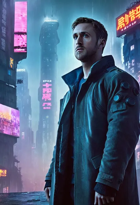 masterpiece, best quality, 1man, alone in the middle of city, background is a cyberpunk city, head looking up, there is a big bi...