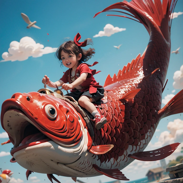 1girl,red fish,kid,Japanese clothing,masterpiece,best quality,ultra-detailed,riding,