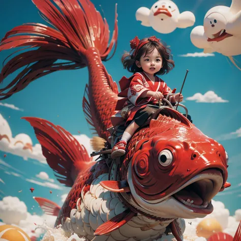 1girl,red fish,kid,japanese clothing,masterpiece,best quality,ultra-detailed,riding,