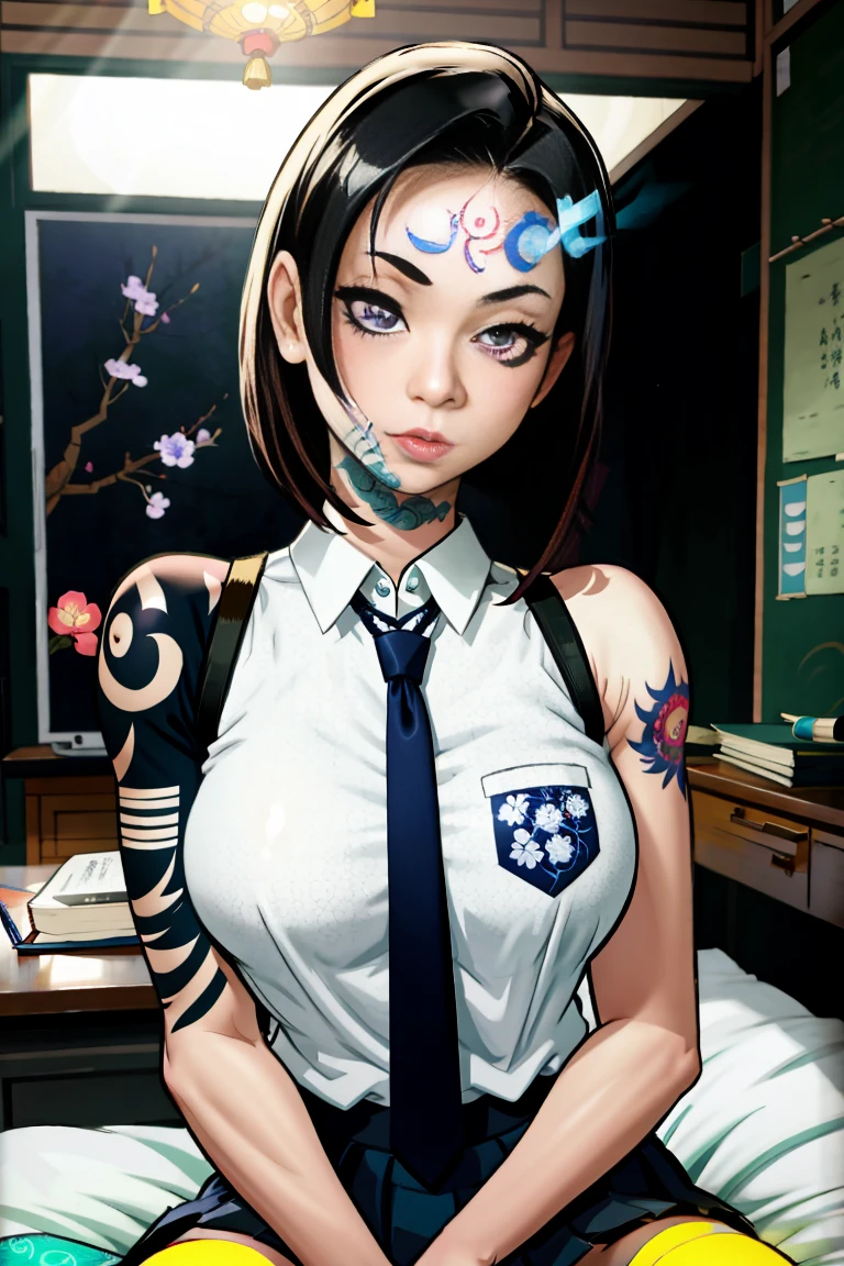 arafed asian woman with tattoos and a tie sitting on a bed, a hyperrealistic schoolgirl, hyperrealistic schoolgirl, japanese goddess, asian girl, taken in 2 0 2 0, shikamimi, inked, of taiwanese girl with tattoos, with glowing blue lights, chinese girl, school girl, cute schoolgirl, gorgeous chinese model, seifuku