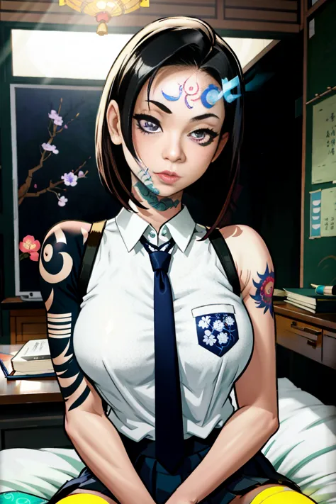 arafed asian woman with tattoos and a tie sitting on a bed, a hyperrealistic schoolgirl, hyperrealistic schoolgirl, japanese god...