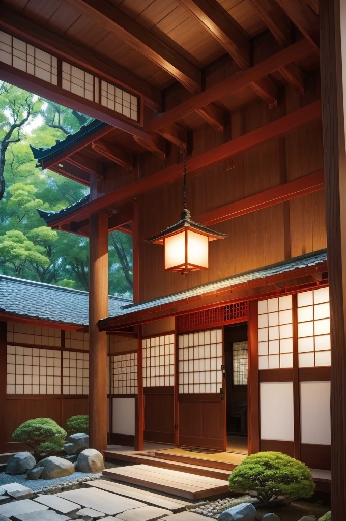 "Create a serene and harmonious image that symbolizes family safety and protection. The scene should feature a traditional Japanese home surrounded by lush greenery, with gentle sunlight filtering through the trees. Include a beautifully crafted wooden gate that symbolizes protection and a small, elegant Shinto shrine or kamidana with a protective talisman. The house should emit a warm, glowing light, evoking a sense of peace and well-being. Incorporate elements that represent family unity and security, ensuring the overall atmosphere conveys harmony and safety."
