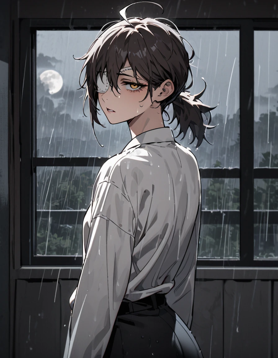 mature, golden eyes, looking at viewer, female, bedroom background, messy hair, light dark short hair, ponytail, parted lips, hair between eyes, ahoge, emotionless, tired eyes, standing, from behind, black pants, white shirt, medical eye patch, black tie, rainy day, moon, window