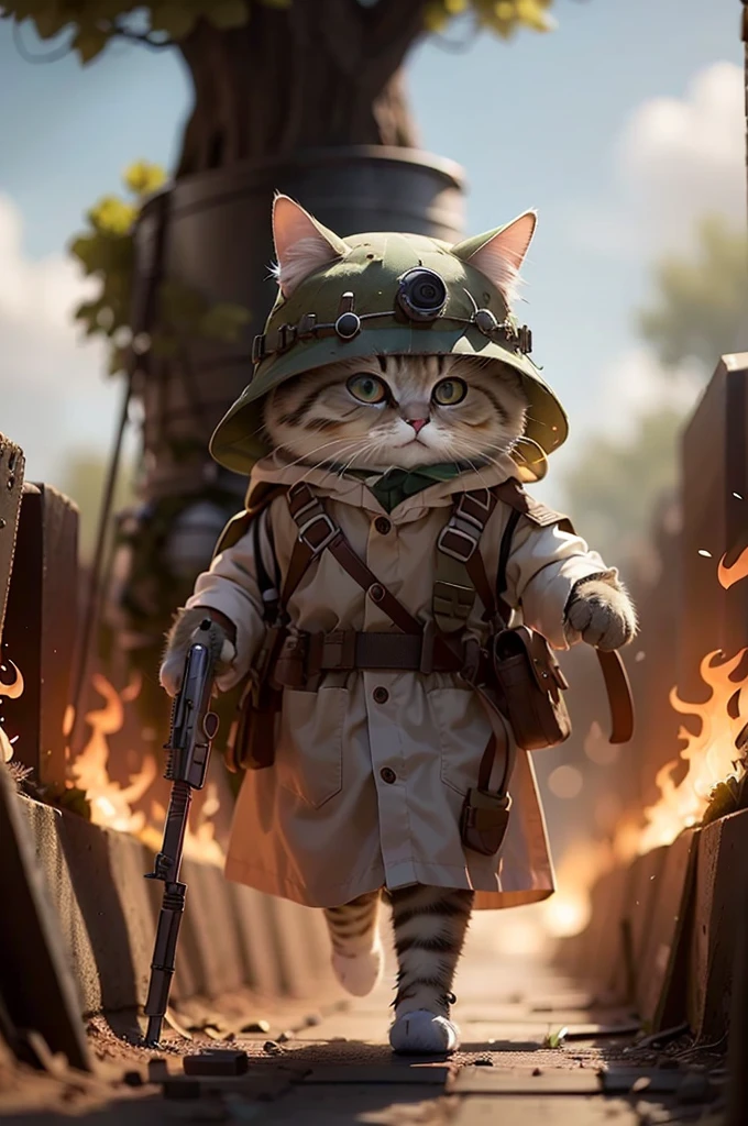 HDR,UHD,8K,Highly detailed,realistic,photo-realistic:1.37),best quality,masterpiece,maomi,standing,solo,full body,(tree heads tall)
cute,big eyes, cat eyes big pupils,holding  gun,gray cat,(in the battlefield:1.3),united states army, beautiful detailed glow,((flames of war)), body armor,bulletproof helmet