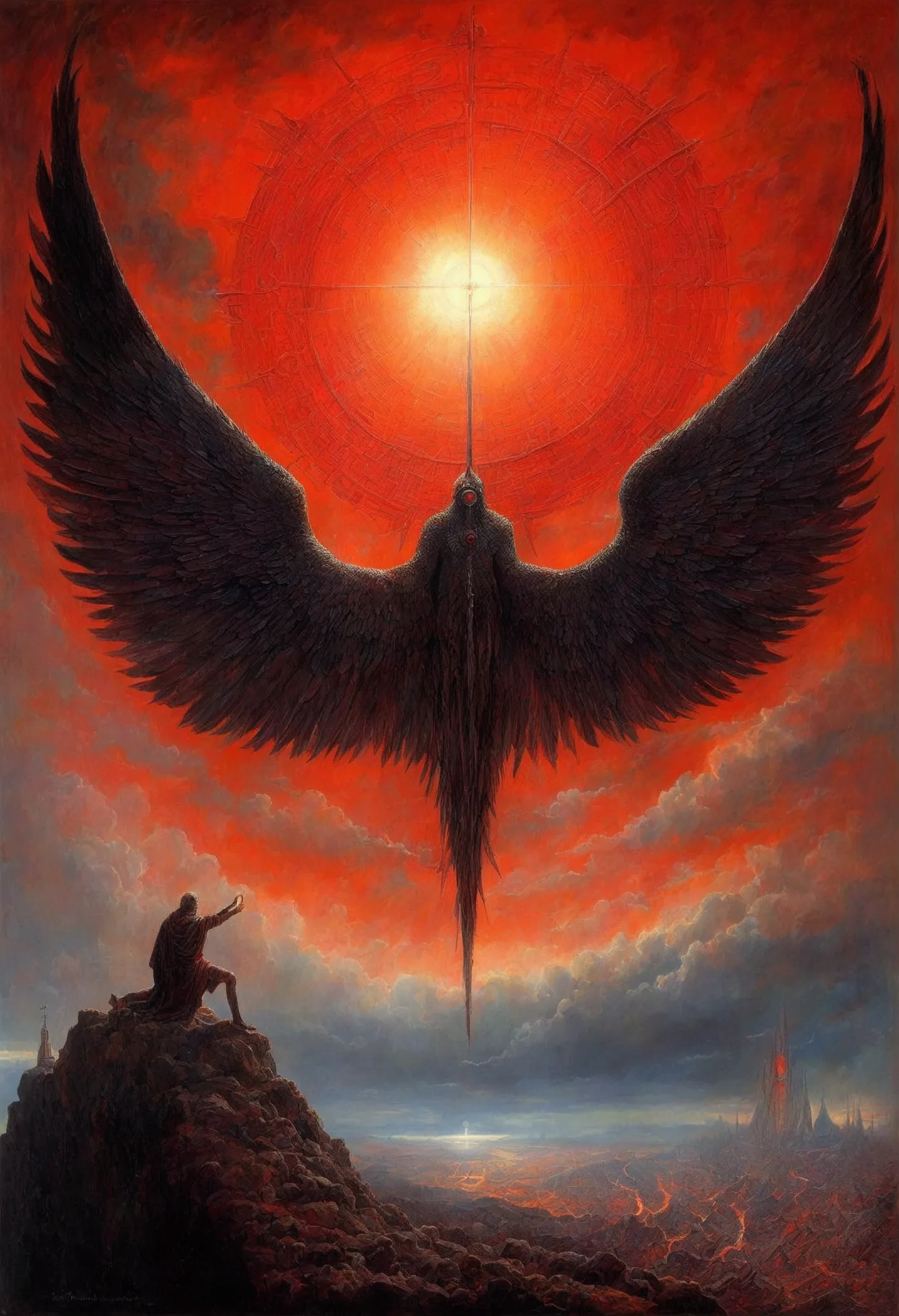 mythical creatures, author：zdzislaw beksiński、angel、holy war、big eye in the sky、red/black,azathoth