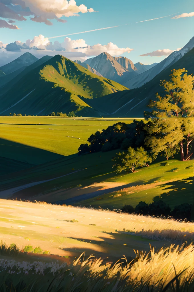 An expansive green landscape with rolling hills and lush grass, framed by majestic mountains in the background. The sky is adorned with a few scattered clouds, and the scene captures the warm, golden light of the late afternoon as the sun begins to set, casting long shadows and bathing the environment in a soft, tranquil glow 16:9