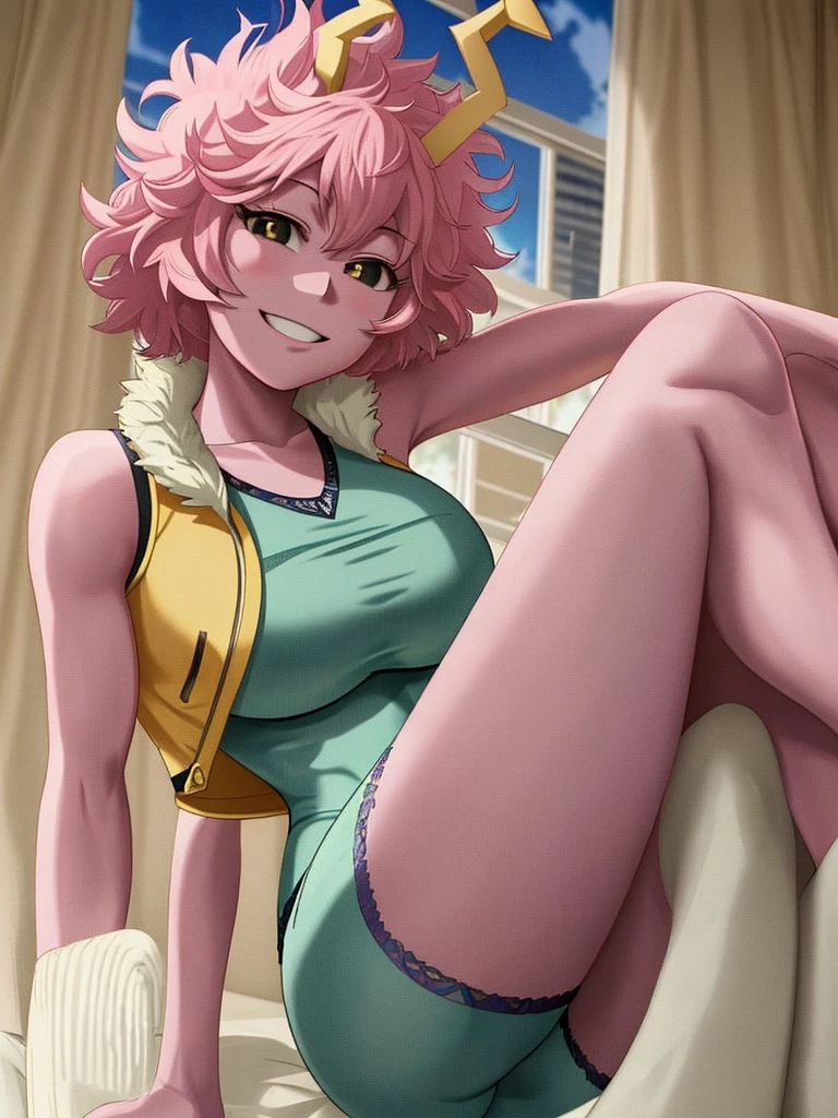 [mina ashido], (Bedroom), [Boku no hero academia], ((masterpiece)), ((solo portrait)), ((sexy pose)), ((High definition)), ((anime)), ((Kohei Horikoshi)), ((beautiful render art)), ((detailed shading)), ((cel shading)), ((intricate details)), {mina ashido; (pink skin), (curly yellow horns), long eyelashes, eyes closed, curly pink hair, short eyelashes, very large boobs, (beautiful slightly muscular legs), (excited smile), (white teeth), (blushing)}, {(bikini costume), (bodysuit), (yellow sleeveless jacket), (fluffy collar)}, {(dynamic pose), (looking at viewer)}, [Background; (city), (blue sky), (sun rays)]