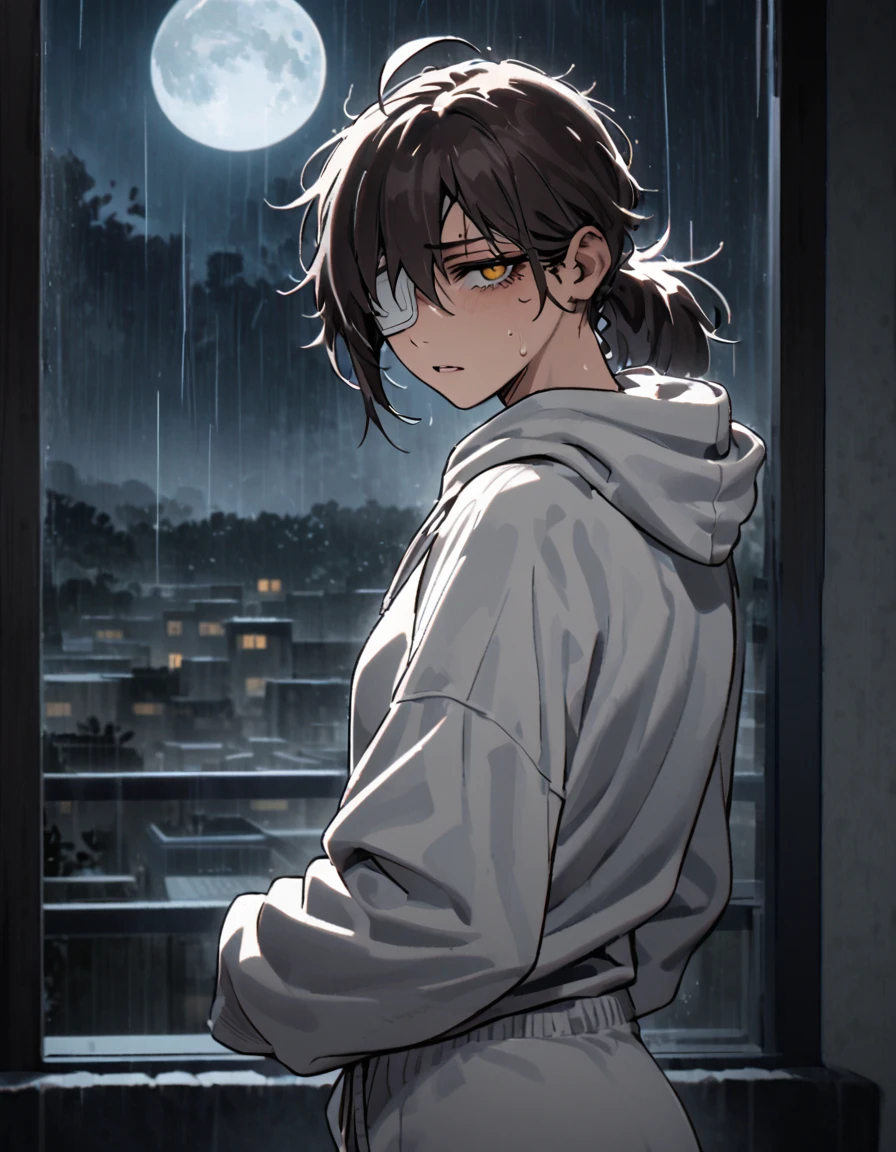 mature, golden eyes, looking at viewer, female, bedroom background, messy hair, light dark short hair, ponytail, parted lips, hair between eyes, ahoge, emotionless, tired eyes, standing, from behind, sweatpants, white hoodie, medical eye patch, rainy day, moon, night, dark, hand on waist, comfy clothes