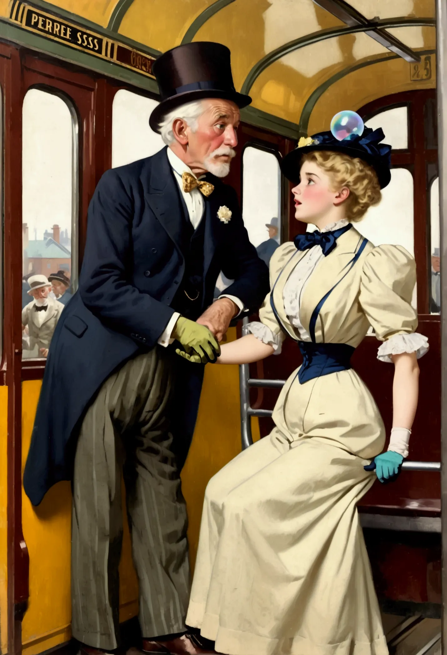 (((nsfw))), best quality, masterpiece, by jessie willcox smith, bright colors, a 14yo blonde girl riding the streetcar is (((dry...