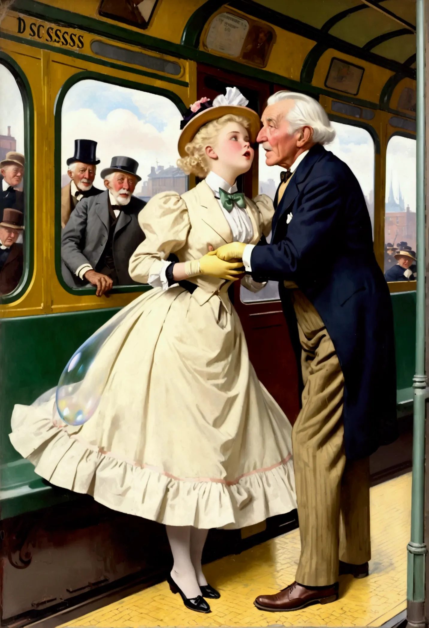 (((nsfw))), best quality, masterpiece, by jessie willcox smith, bright colors, a 14yo blonde girl riding the streetcar is (((dry...