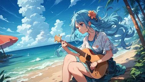 highest quality,woman playing an acoustic guitar,one piece,beach,ocean,blue sky,summer