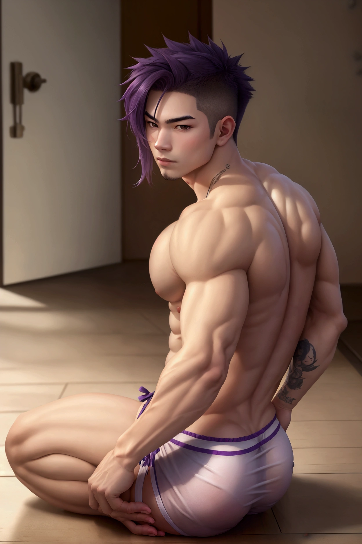 best quality, Artwork, high resolution, 1 boy, brawny, big pert ass, Asian, cabelo roxo, stark, sitting on the floor, panties on the ass with a submissive expression 