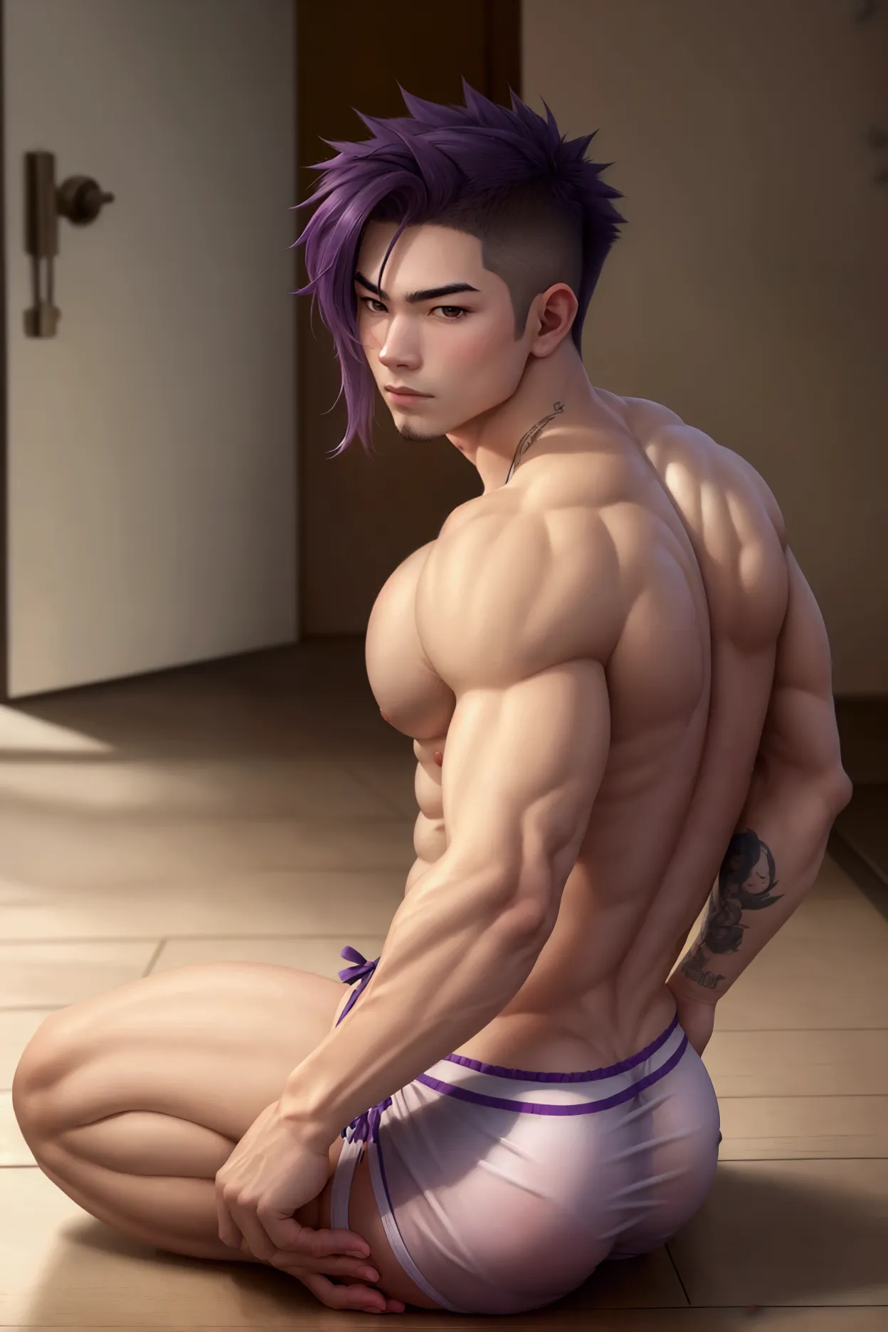 best quality, artwork, high resolution, 1 boy, brawny, big pert ass, asian, cabelo roxo, stark, sitting on the floor, panties on...