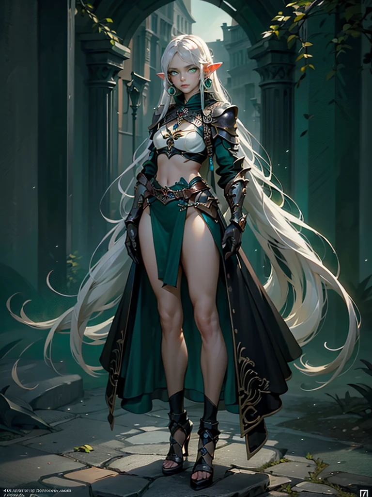 (((Masterpiece, best quality, high detailed, 8k))) Design a layout showcase Gaming character, (1girl). Elf, long silver hair, green eyes (detailed eyes), angelic face, wearing a long flowing jade dress with high side slit, showing midriff, wielding a huge sword, sexy. (masterpiece:1.2), (best quality), ultra-detailed. (Step by step design, layout art:1.5), (luminous lighting, atmospheric lighting). Elf royalty. ((glove full hands)), intricate vambraces, thigh highs, thick thighs, (((full_body_shot:1.4))). The elf stands gracefully amidst dark, dense, ancient, towering trees, their leaves shimmering with a magical glow. The bikini armor, a blend of sleek metal and glowing energy lines, contrasts beautifully with the natural surroundings. Her long silver hair flows softly around her, framing her elegant face with piercing green eyes that radiate wisdom and strength. Huge sword she holds is pulsing with an ethereal green light.（hoang lap，A high resolution，hyper detailled），Black Soul theme, leather，Off-white，ranger，Background of details，Northern Valley，Irithyll，Cold moon，Rule of thirds，boundage，Diablo 4 style，intricate-detail，Diablo color theme，（offcial art，Beauty and aesthetics：1.2），（Dark art，erode,  fractal art：1.3），rich colourful，horryfing，highest details, detailed eyes, (green eyes: 2), white hair with blue tips, blue colored inner hair, long hair, solo, 1girl, slim, small breasts, green flames