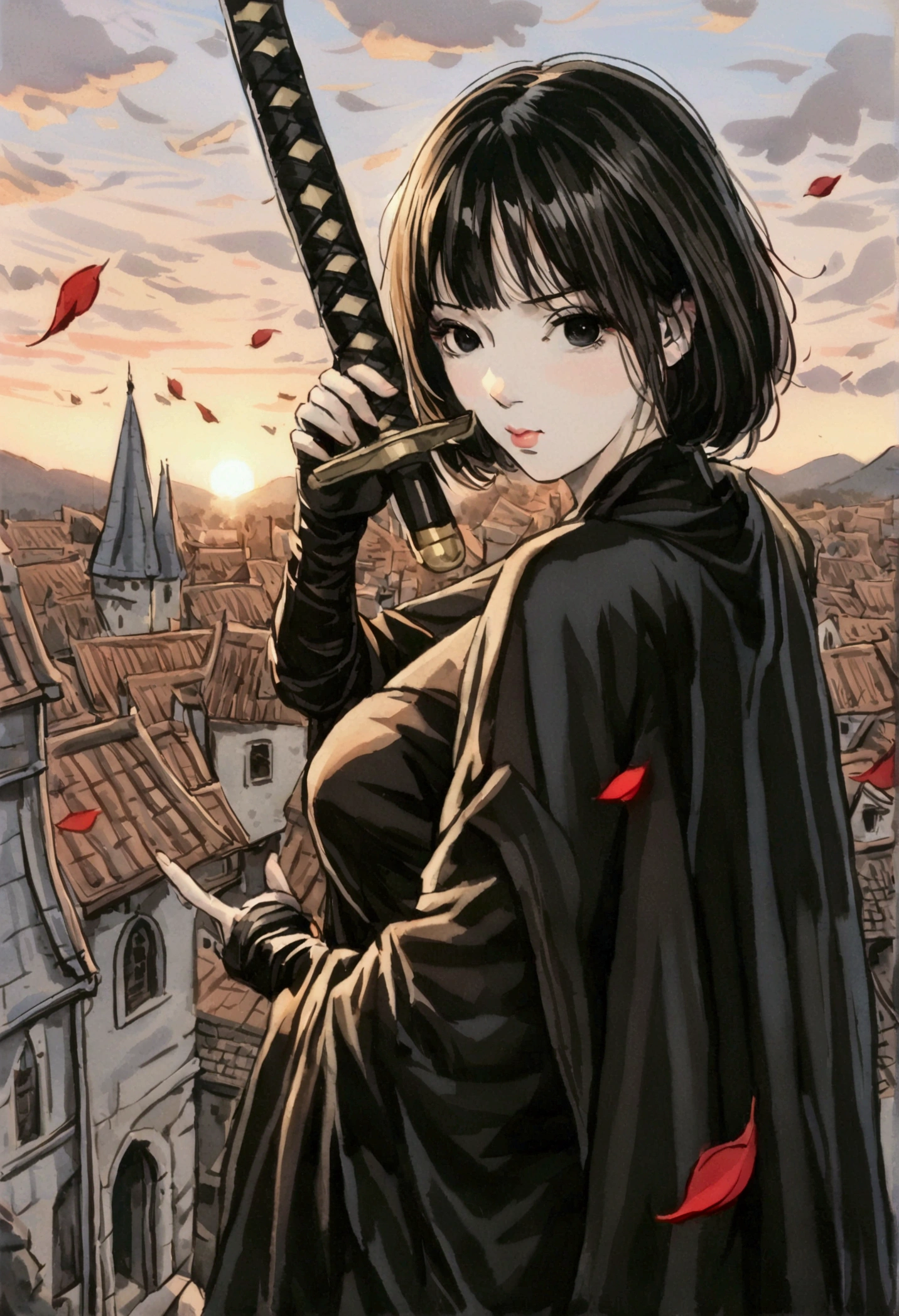 1 warrior girl, expressive black eyes, black short hair, dressed with a black drape, using his massive two hand sword ,fighting pose ,black petals fall from the sky in big medieval city in sunset in background, detail richness, masterpiece, best quality, realistic renderi