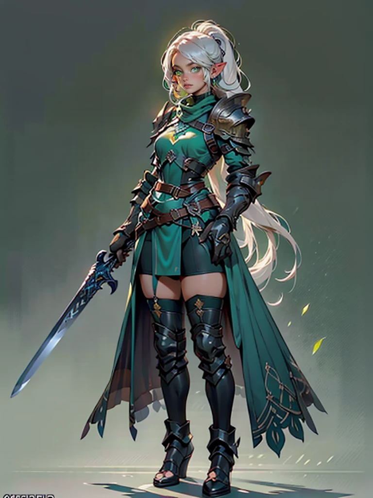 (((Masterpiece, best quality, high detailed, 8k))) Design a layout showcase Gaming character, (1girl). Elf, long silver hair, green eyes (detailed eyes), angelic face, wearing a long flowing jade dress with high side slit, showing midriff, wielding a huge sword, sexy. (masterpiece:1.2), (best quality), ultra-detailed. (Step by step design, layout art:1.5), (luminous lighting, atmospheric lighting). Elf royalty. ((glove full hands)), intricate vambraces, thigh highs, thick thighs, (((full_body_shot:1.4))). The elf stands gracefully amidst dark, dense, ancient, towering trees, their leaves shimmering with a magical glow. The bikini armor, a blend of sleek metal and glowing energy lines, contrasts beautifully with the natural surroundings. Her long silver hair flows softly around her, framing her elegant face with piercing green eyes that radiate wisdom and strength. Huge sword she holds is pulsing with an ethereal green light.（hoang lap，A high resolution，hyper detailled），Black Soul theme, leather，Off-white，ranger，Background of details，Northern Valley，Irithyll，Cold moon，Rule of thirds，boundage，Diablo 4 style，intricate-detail，Diablo color theme，（offcial art，Beauty and aesthetics：1.2），（Dark art，erode,  fractal art：1.3），rich colourful，horryfing，highest details, detailed eyes, (green eyes: 2), white hair with blue tips, blue colored inner hair, long hair, solo, 1girl, slim, small breasts, green flames