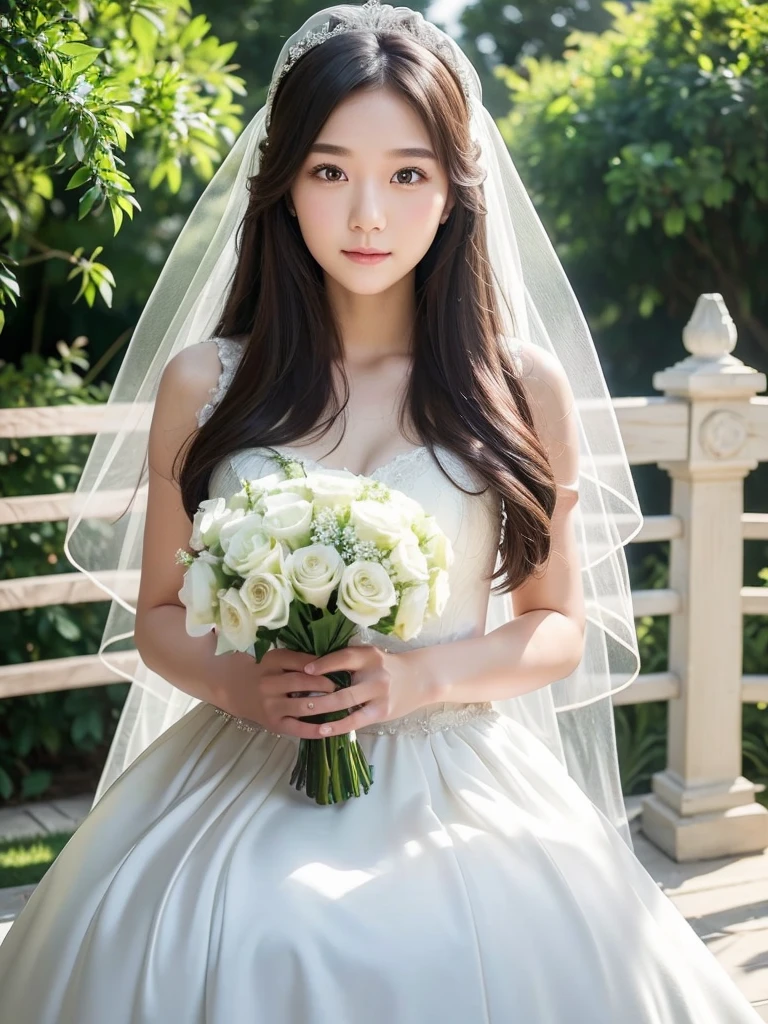 Wedding dress、bouquet、Veil、white chapel、(Highest quality)、((Very detailed))、4K、(8k)、masterpiece、Very detailedな、Highest quality、Super Resolution、1 person、Kind Face、Soft Light、RAW quality、Soft Skin、163cm、28 years old、Show off your thighs、Textured skin