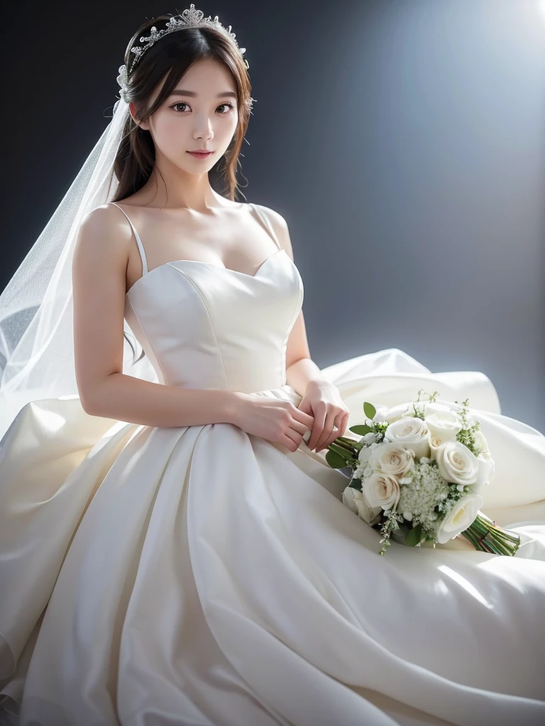 Wedding dress、bouquet、Veil、white chapel、(Highest quality)、((Very detailed))、4K、(8k)、masterpiece、Very detailedな、Highest quality、Super Resolution、1 person、Kind Face、Soft Light、RAW quality、Soft Skin、163cm、28 years old、Show off your thighs、Textured skin