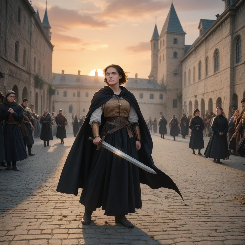 1 warrior women with several scars, expressive black eyes, black short hair, dressed with a black cape, using his massive two hand sword ,fighting pose ,black petals fall from the sky in big medieval city in sunset in background, detail richness, masterpiece, best quality, realistic rendering