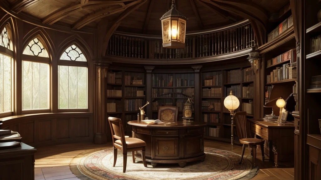 dim,Moody,Circular Room,round,Stone wall,Wooden bookshelf on the wall,A small circular space for a telescope at the back,Classic wooden desk in the center,Wooden pointed back chair,Classic lantern with quill pen and parchment on a desk,A landing at the top of a short staircase,Gwartz,Harry Potter Cinematic Universe,Harry Potter Fan Art,Harry Potter inspired,High reproducibility,Dumbledore&#39;s Office