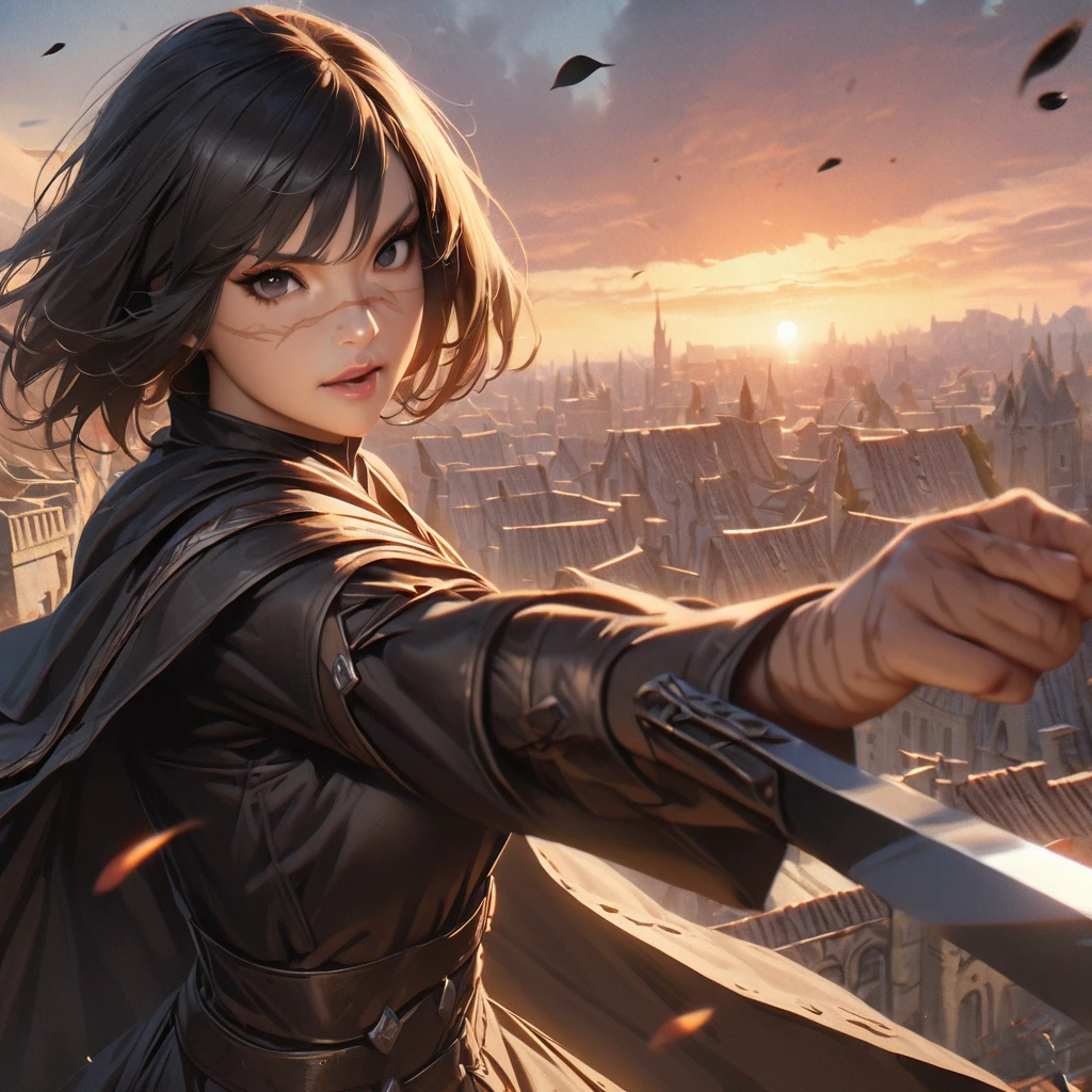 1 warrior women with several scars, expressive black eyes, black short hair, dressed with a black cape, using his massive two hand sword ,fighting pose ,black petals fall from the sky in big medieval city in sunset in background, detail richness, masterpiece, best quality, realistic rendering