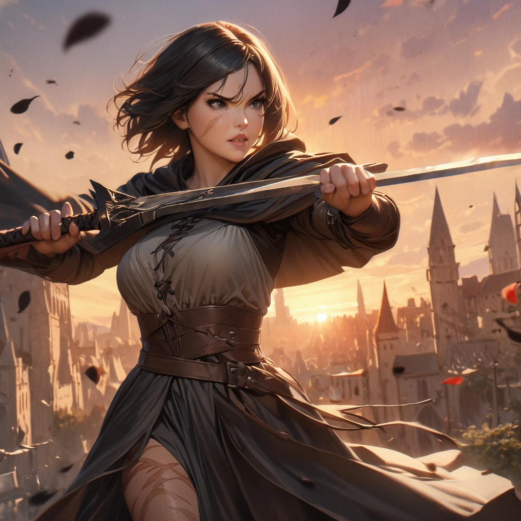 1 warrior women with several scars, expressive black eyes, black short hair, dressed with a black cape, using his massive two hand sword ,fighting pose ,black petals fall from the sky in big medieval city in sunset in background, detail richness, masterpiece, best quality, realistic rendering