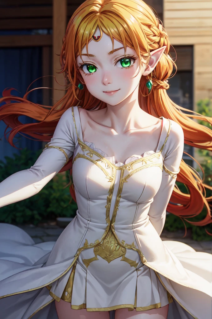 tsundereFairy, tsundere Fairy, Long Hair, Blonde Hair, (Green Eyes:1.5), Pointed Ears, Fairy, Multicolored Hair, Forehead jewel,smile、Closed Mouth、Absolute reference to the center、Cute no matter who looks at it、Arms behind back,clavicle,White Dresses、Absolute reference to center、whole body, alone,Cinematic lighting、Cowboy Shot、Beautiful thighs、Highly detailed face, Perfect lighting, Highly detailed CG, (Perfect hands, Perfect Anatomy, dynamic pose