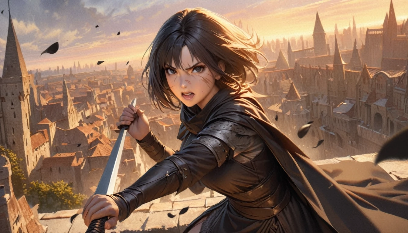 1 warrior women with several scars, expressive black eyes, black short hair, dressed with a black cape, using his massive two hand sword ,fighting pose ,black petals fall from the sky in big medieval city in sunset in background, detail richness, masterpiece, best quality, realistic rendering