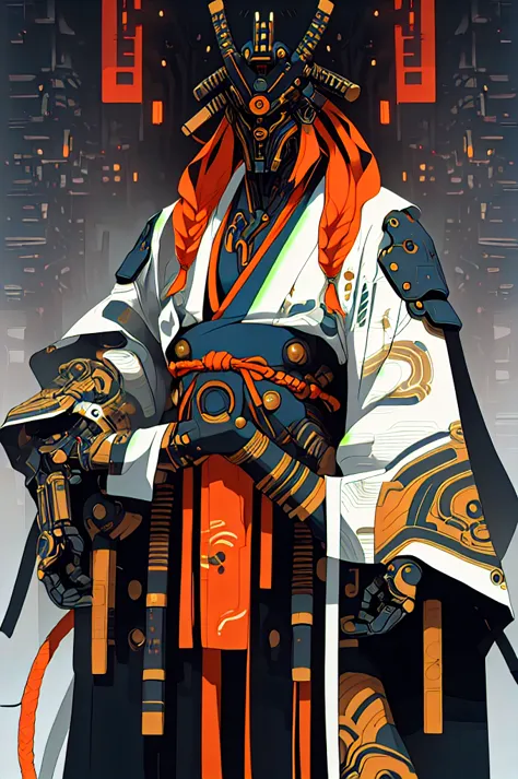 masculine male samurai, strong stature, mechanical body, futuristic kimono, cyberpunk aesthetic, long masculine braided hair, hi...