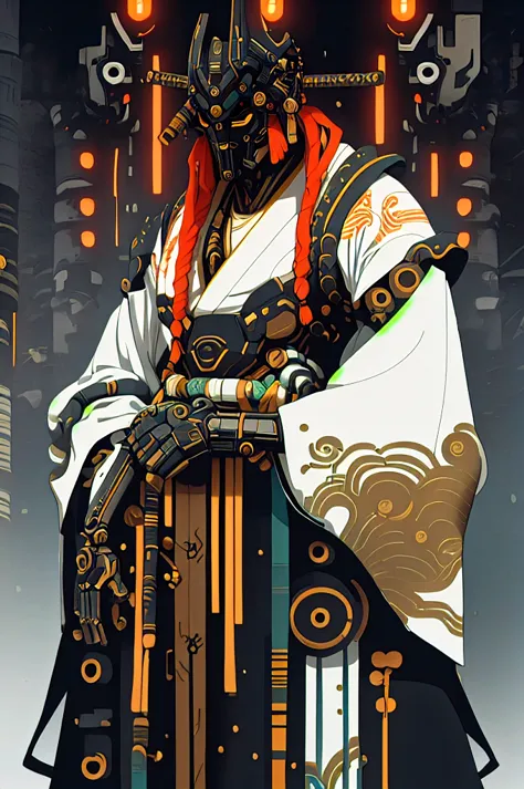 masculine male samurai, strong stature, mechanical body, futuristic kimono, cyberpunk aesthetic, long masculine braided hair, hi...