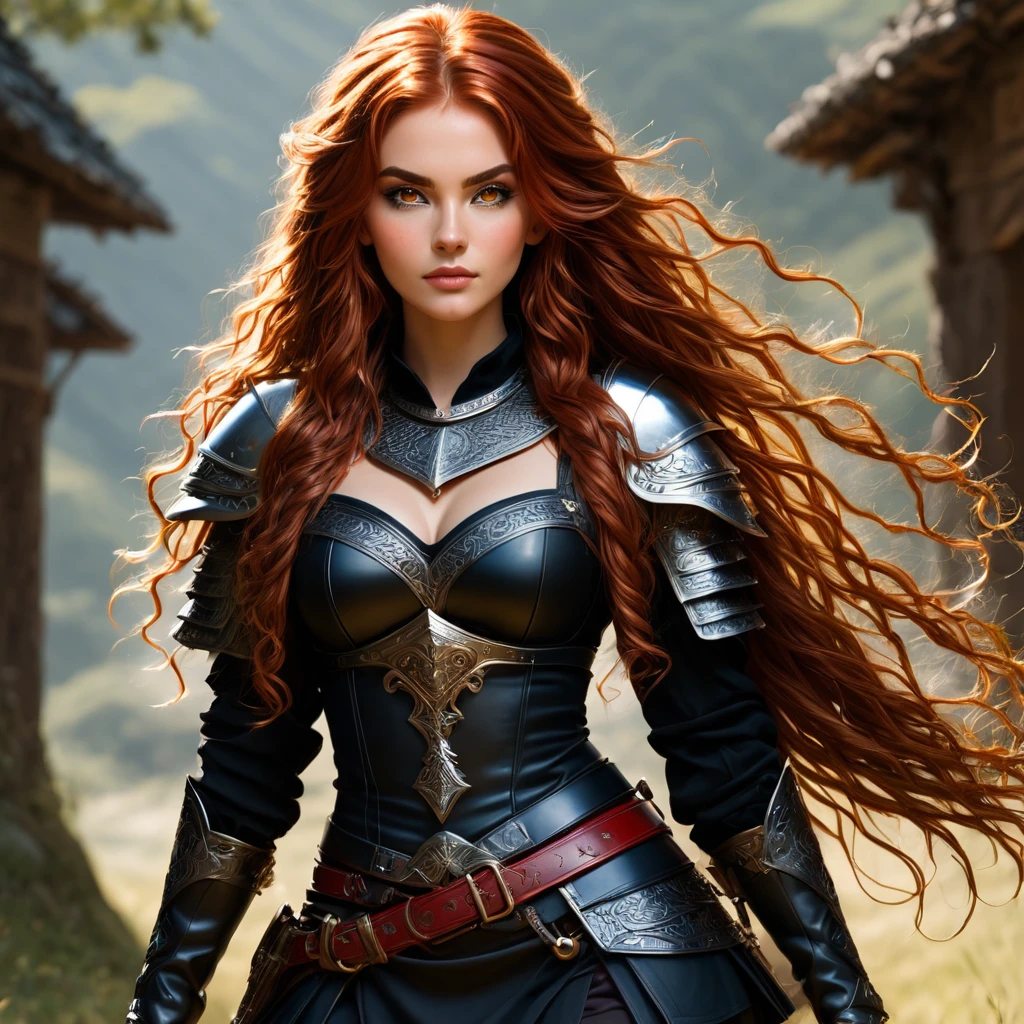 an image Nayane Laura Menequel XX weeks 13, a beautiful young woman with a friendly warrior appearance, detailed light honey eyes, long red hair, wearing black boots, she is in a full body pose