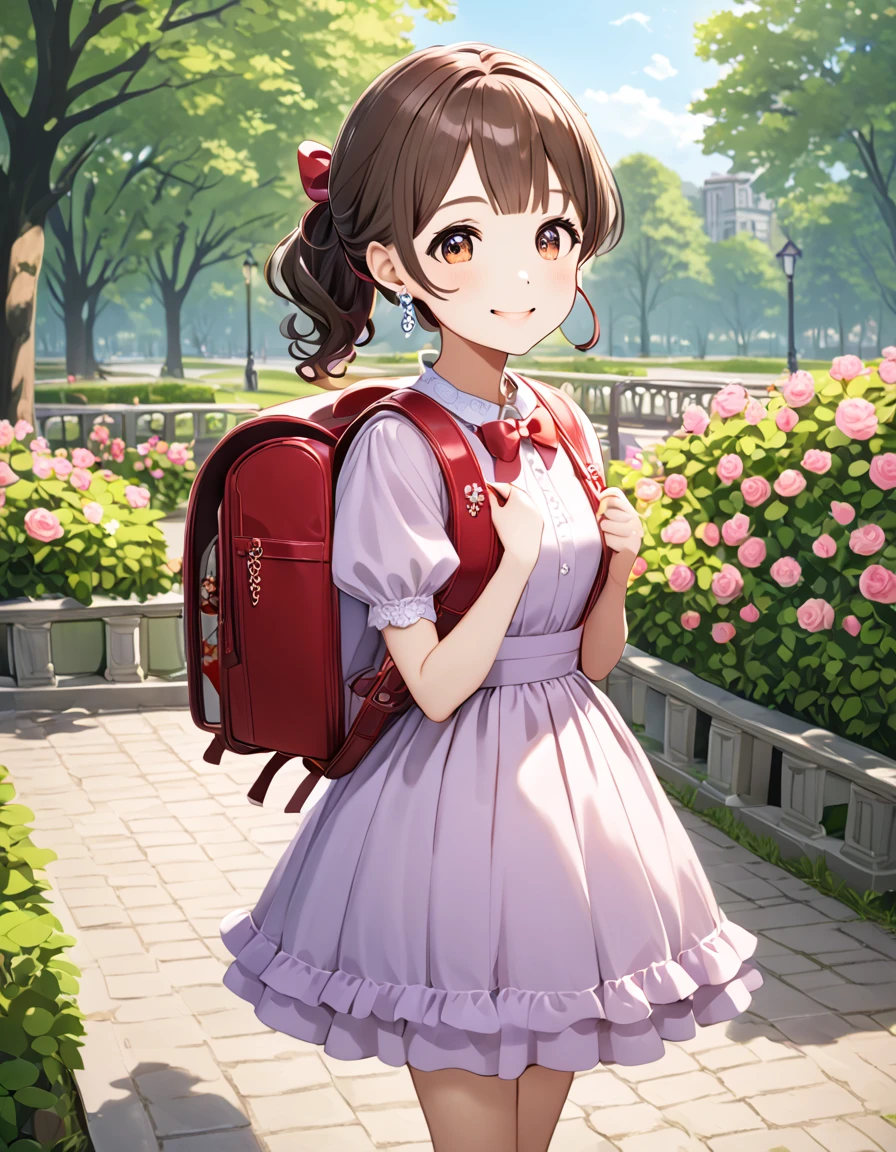 Masterpiece, hd, 1girl, best quality, brown hair, medium hair, ponytail, hair ribbon, earrings, jewelry, wearing party dress, (party dress:1.2), cute dress, frilly dress, short sleeves, bowtie, hair ornaments, smile, happy, standing, outdoor, park, daytime, wearing randoseru backpack, (backpack:1.2)