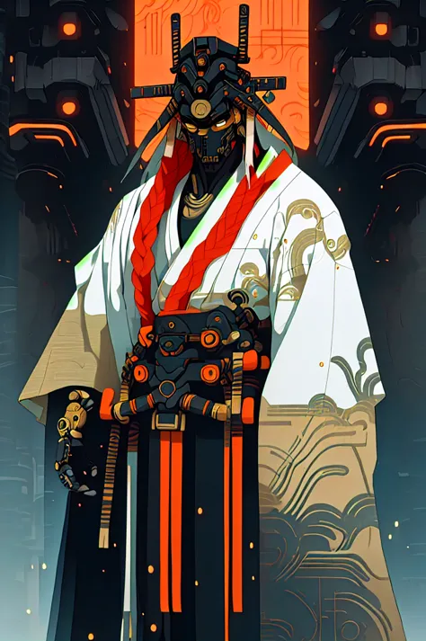 masculine male samurai, strong stature, mechanical body, futuristic kimono, cyberpunk aesthetic, long masculine braided hair, hi...