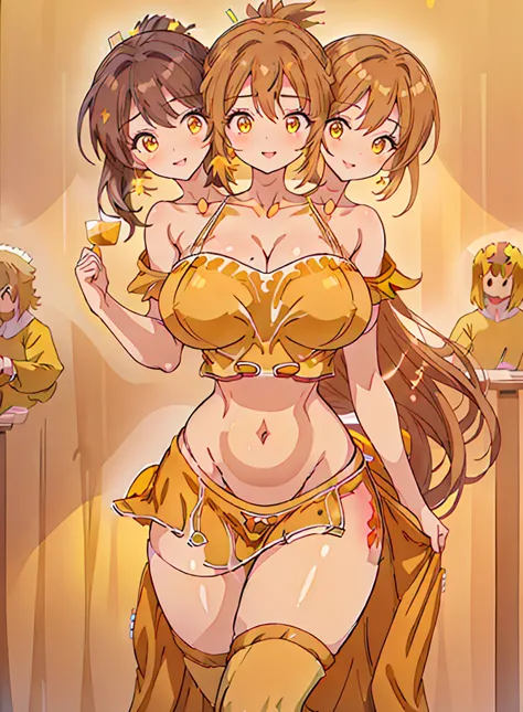 (16k), ((three headed woman)), smiling, highres, masterpiece, ((brown hair)), cleavage, large breasts, ((mustard dress:1.5)), lu...