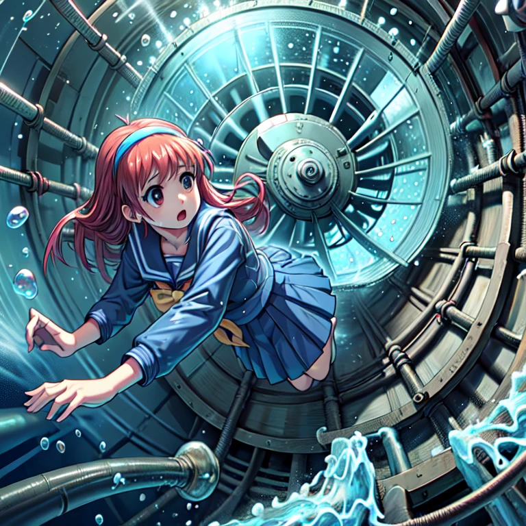 shiori fujisaki, diadema amarilla, uniforme escolar, serafuku, manga larga, falda plisada, (((turbina electrica,Tubería industrial,admirador,nadar,Burbuja de aire,submarino))),