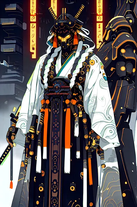 masculine male samurai, strong stature, mechanical body, futuristic kimono, cyberpunk aesthetic, long masculine braided hair, hi...