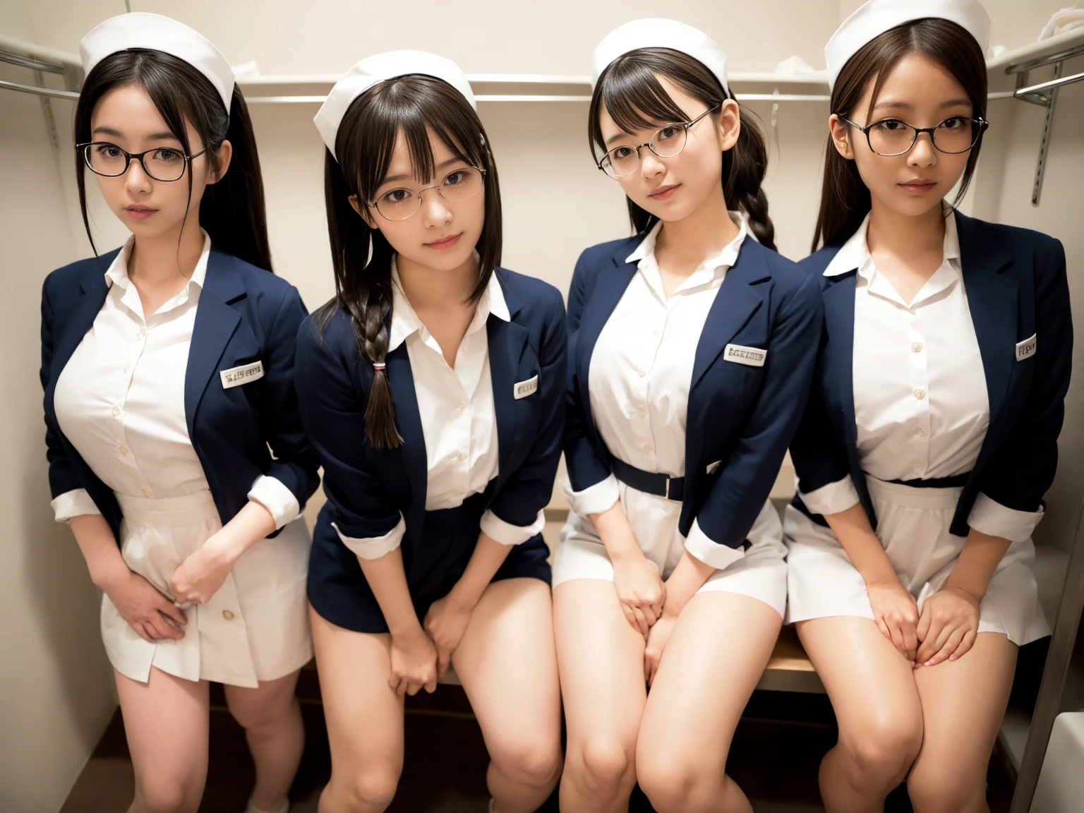 masterpiece, Highest quality, figure, Very detailed, The finer details, High resolution, 8k,wallpaper, Perfect dynamic composition,(Detailed high quality, Realistic depiction of eyes:1.3),(A tight-fitting waitress uniform with buttons on the collar and chest), Seraphim, The background is an empty changing room, Deep in the field, Black hair color, Big Natural Color Lip, (Perfect figure), (smile)、Harajuku Style, Adorable expression、Expressions of happiness、Amazingly cute、Cute type、Beautiful feet, Idol Sculpture、(Changing clothes in the changing room:1.5)、(In the process of taking off clothes:1.5)、Braid、Glasses、Big Breasts