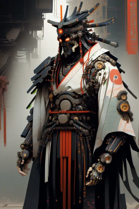 masculine male samurai, strong stature, mechanical body, futuristic kimono, cyberpunk aesthetic, long masculine braided hair, hi...