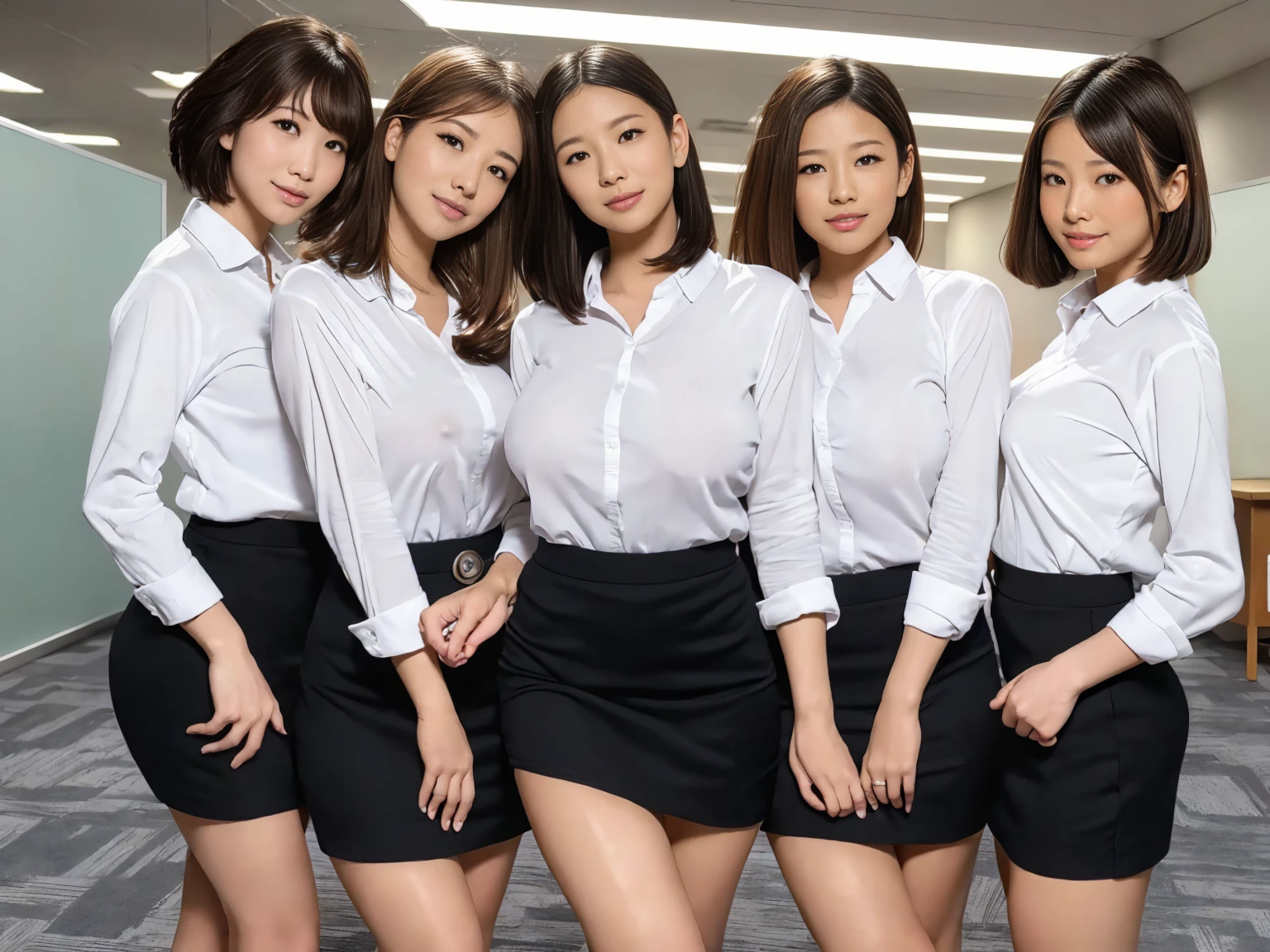 masterpiece, Highest quality, figure, Very detailed, The finer details, High resolution, 8k,wallpaper, Perfect dynamic composition,(Detailed high quality, Realistic depiction of eyes:1.3), (Three Girls), A tight-fitting business shirt with buttons on the collar and chest, Short tight skirt, Seraphim, Short Bob Hair, The background is an empty office, Deep in the field, Black hair color, Big Natural Color Lip, (Perfect figure), (smile)、Harajuku Style、Beautiful Japanese women:1.4), Adorable expression、Expressions of happiness、Very beautiful、Beautiful feet, Idol Sculpture、Big Breasts