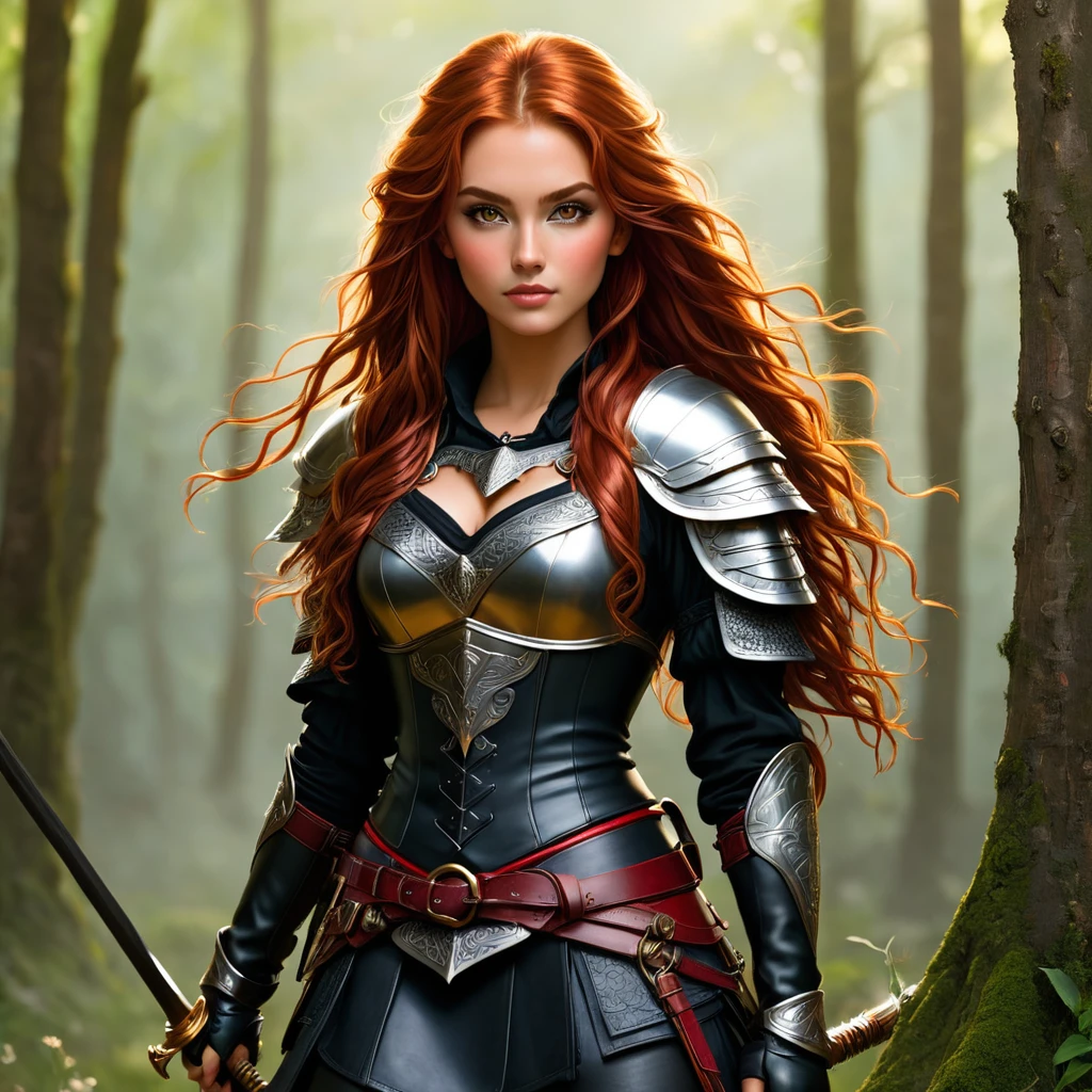 an image Nayane Laura Menequel XX weeks 13, a beautiful young woman with a friendly warrior appearance, detailed light honey eyes, long red hair, wearing black boots, she is in a full body pose