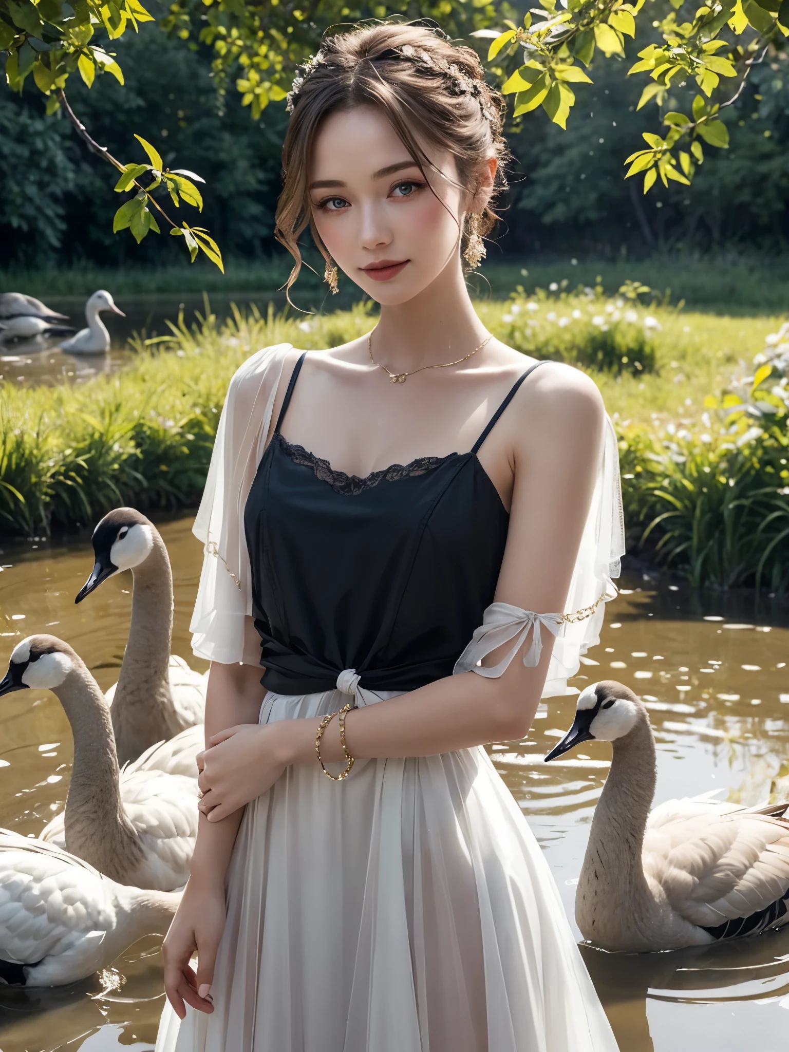 girl wearing camisole dress, BREAK, 1girl, surrounded by geese, standing in shallow river, detailed face, (looking at viewer:1.4), golden hour lighting, warm sunlight, gentle ripples in water, soft reflections, natural setting, detailed textures, soft focus background, flowing dress, warm tones, high quality, gorgeous, see-through long ribbons tied on arms, inspired by cinderella, high bun hair with flower hairpin, wreaths, bracelets, metal chain tassels on the waist, (super realistic:1.2),