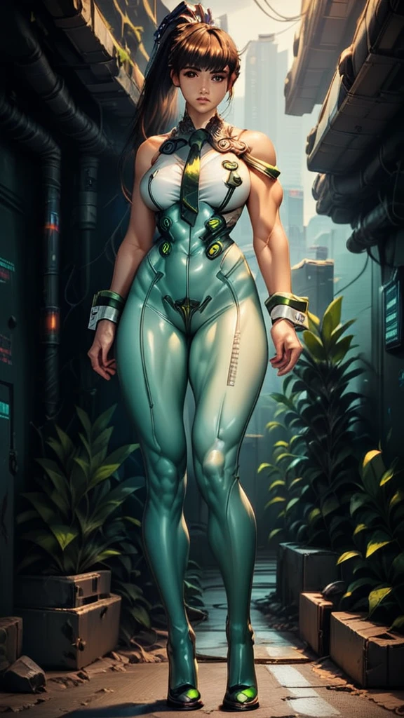 eve (stellar_blade), solo, bodysuit, necktie, abandoned cyberpunk city overgrown with plants, standing, looking at viewer, shiny clothes, skin tight, full body, bare shoulders, lips, green necktie, large breasts, muscular body, wrist cuffs, shiny, sleeveless, high heels, BREAK , zPDXL, score_9, score_8_up, score_7_up, score_6_up, score_5_up, score_4_up