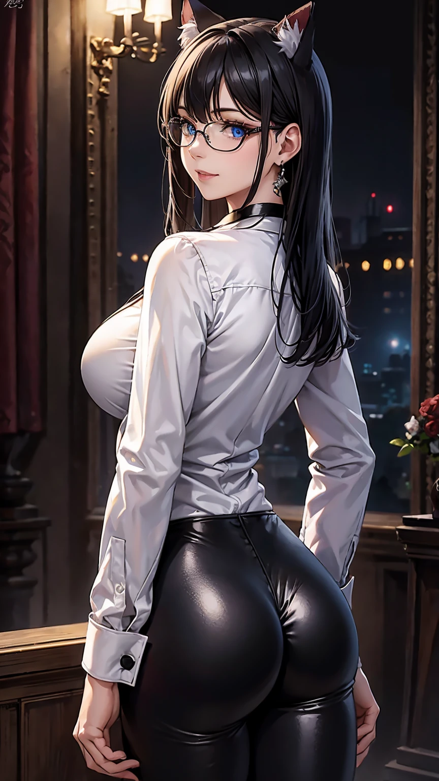 masterpiece, Superior image quality, High resolution, 4k image,photo and gross, photorealistic, whole body, 1 girl, standing, big breasts, {{{vagina}}}, beautiful face, long black hair, blue eyes, very detailed eyes, cat ears, seductive expression, smile, Glasses, choker:1.6, (white collar button down long sleeve shirt), black gloves, gloves that cover hands, (shiny black leggings), Sensual Lips, show details in the eyes, back view, perfect ass, looking at the viewer, Mansion, at night