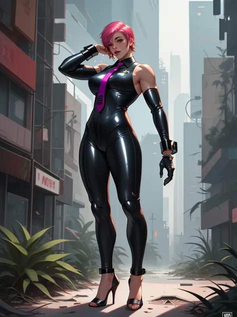 eve (stellar_blade), solo, bodysuit, necktie, abandoned cyberpunk city overgrown with plants, standing, looking at viewer, shiny...